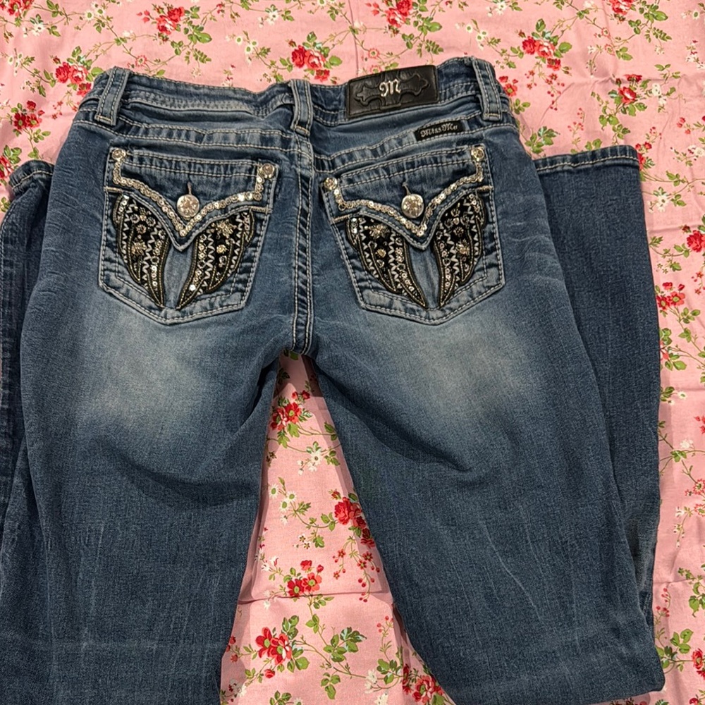 Miss Me Blue Boot Cut Jeans with Decorative Back
